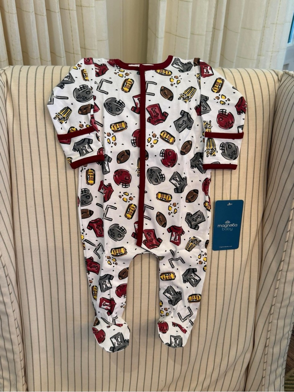 Magnolia Baby White Football-Print Zip Front Footie with Maroon/Crimson Trim